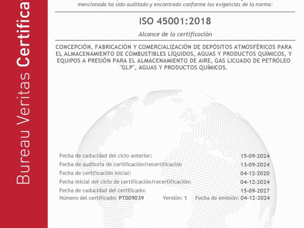 Certificate PT009039 H&H 45001 2024 ES