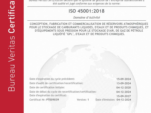 Certificate PT009039 H&H 45001 2024 FR